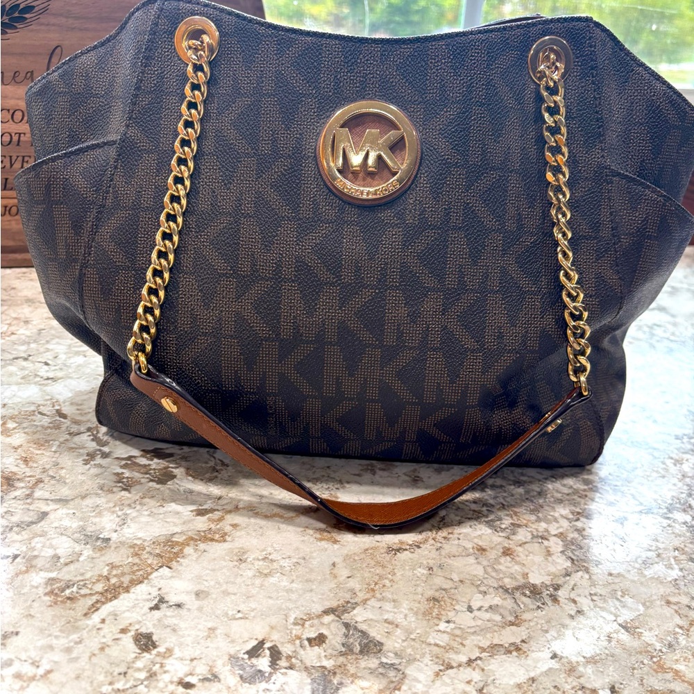 Michael Kors Black and Gold Shoulder Bag with Signature Print